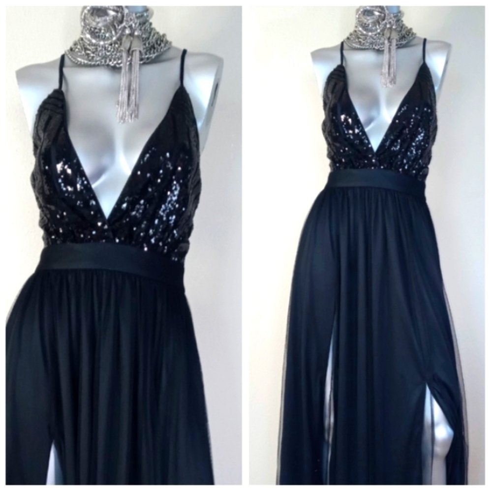 Black Sophisticated Cocktail Party Grunge Fairy Core Sequin Top Maxi Dress - Picture 12 of 16